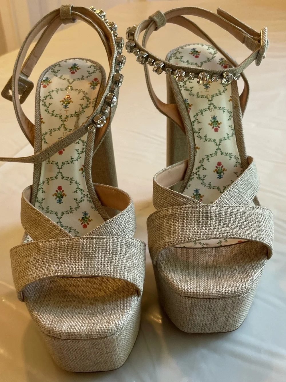 Hill House Women's Champagne Platform Sandals with Jeweled Ankle Strap